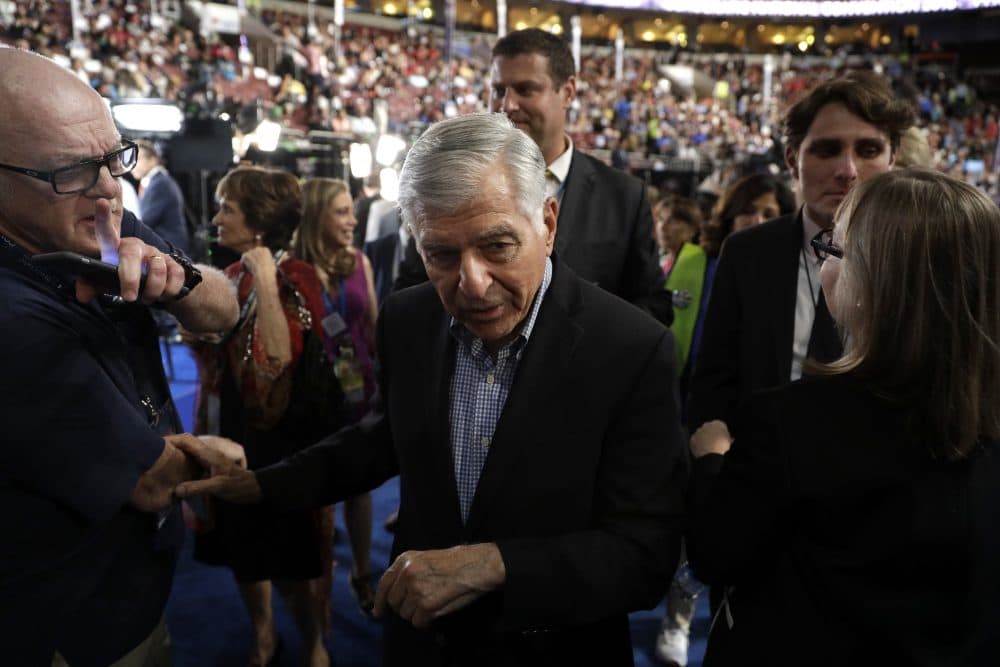 Former Massachusetts Gov. Michael Dukakis arrives on the convention floor during the third day session of the Democratic National Convention in Philadelphia, Wednesday, July 27, 2016. (John Locher/AP)
