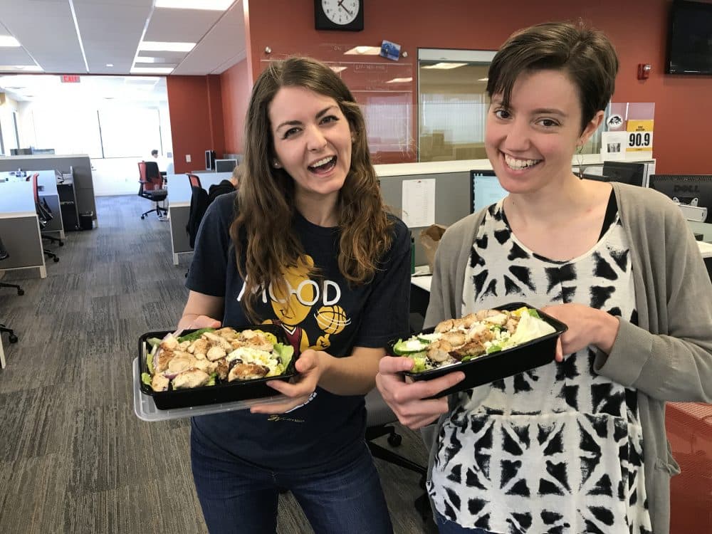 Allison and Anna of On Point with their salads.
 (Jeremy Rellosa/WBUR)