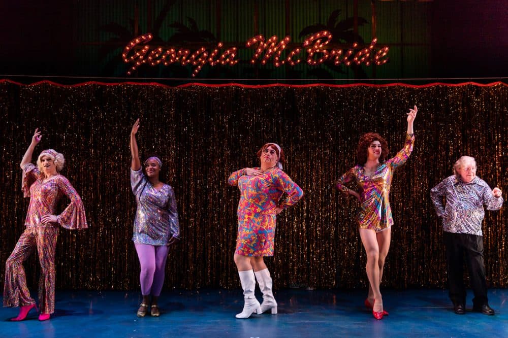 Left to right: Alex Pollock, Jade Guerra, Rick Park, Jared Reinfeldt and Ed Peed in Greater Boston Stage Company's "The Legend of Georgia McBride." (Courtesy Nile Scott Shots)