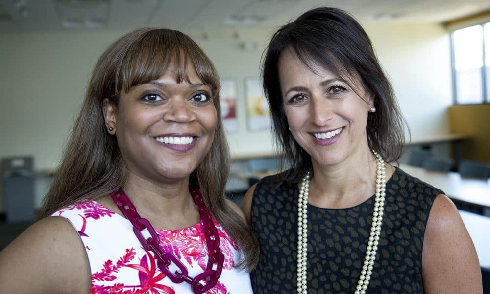 Edie Stringfellow, director of diversity and inclusion at the Massachusetts Biotechnology Council, and Paula Soteropoulos, CEO of Akcea Therapeutics. (Robin Lubbock/WBUR)