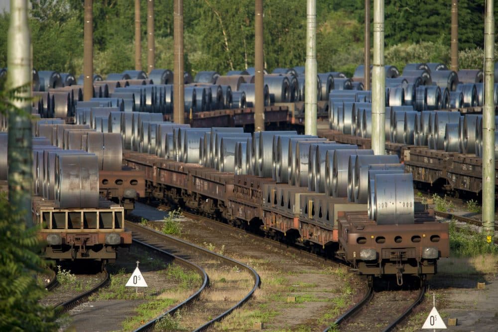 Rail cars loaded with rolled-up steel on the site of ThyssenKrupp Schwelgern steel plant on May 30, 2018 in Duisburg, Germany. (Michael Gottschalk/Getty Images)