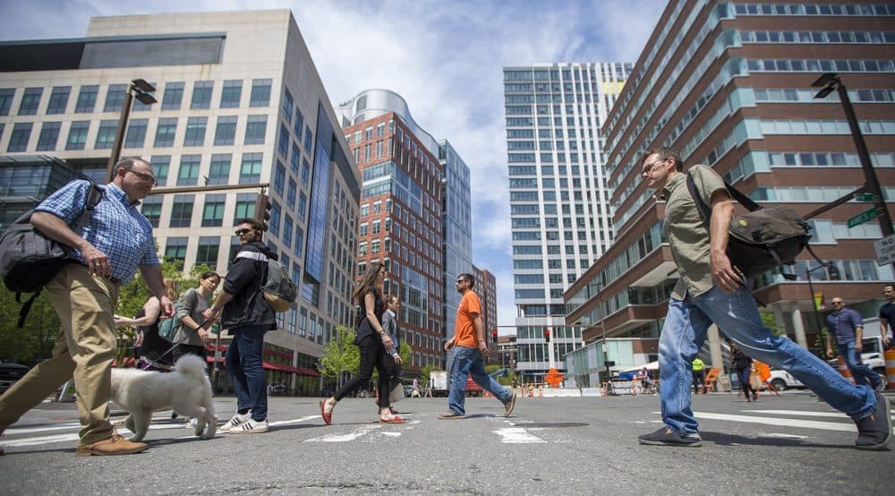 Kendall Square is the epicenter of the Massachusetts biotechnology industry. But during the coronavirus outbreak, the neighborhood is almost empty and "eerie" according to MassBio CEO Bob Coughlin. (Jesse Costa/WBUR)