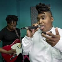 Rapper and music producer Billy Dean Thomas at Pink Noise in Somerville. (Robin Lubbock/WBUR)