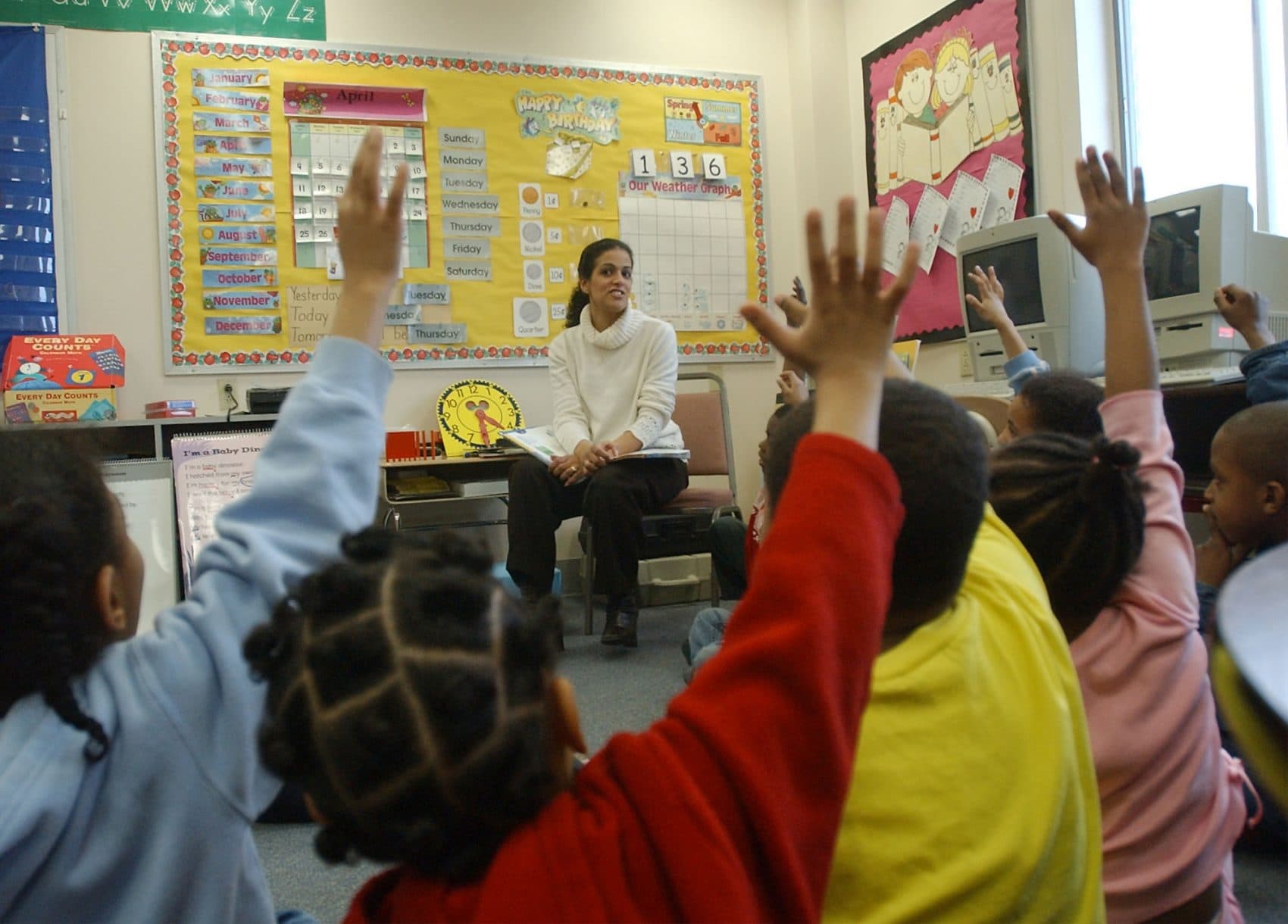 A Brockton elementary school class is seen in 2004. Years before, in the 1990s, students in Brockton and 15 other cities and towns sued the state, arguing that it was failing to provide students the opportunity to receive an "adequate education" and so was violating the Massachusetts Constitution. (Chitose Suzuki/AP)