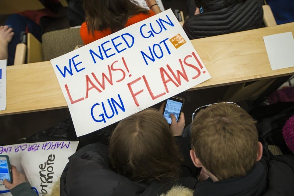 One month after February 2018's deadly Parkland, Fla. school shooting, Massachusetts students gather at the state house to express concerns about gun violence. Many called for stricter gun laws. (Jesse Costa/WBUR)
