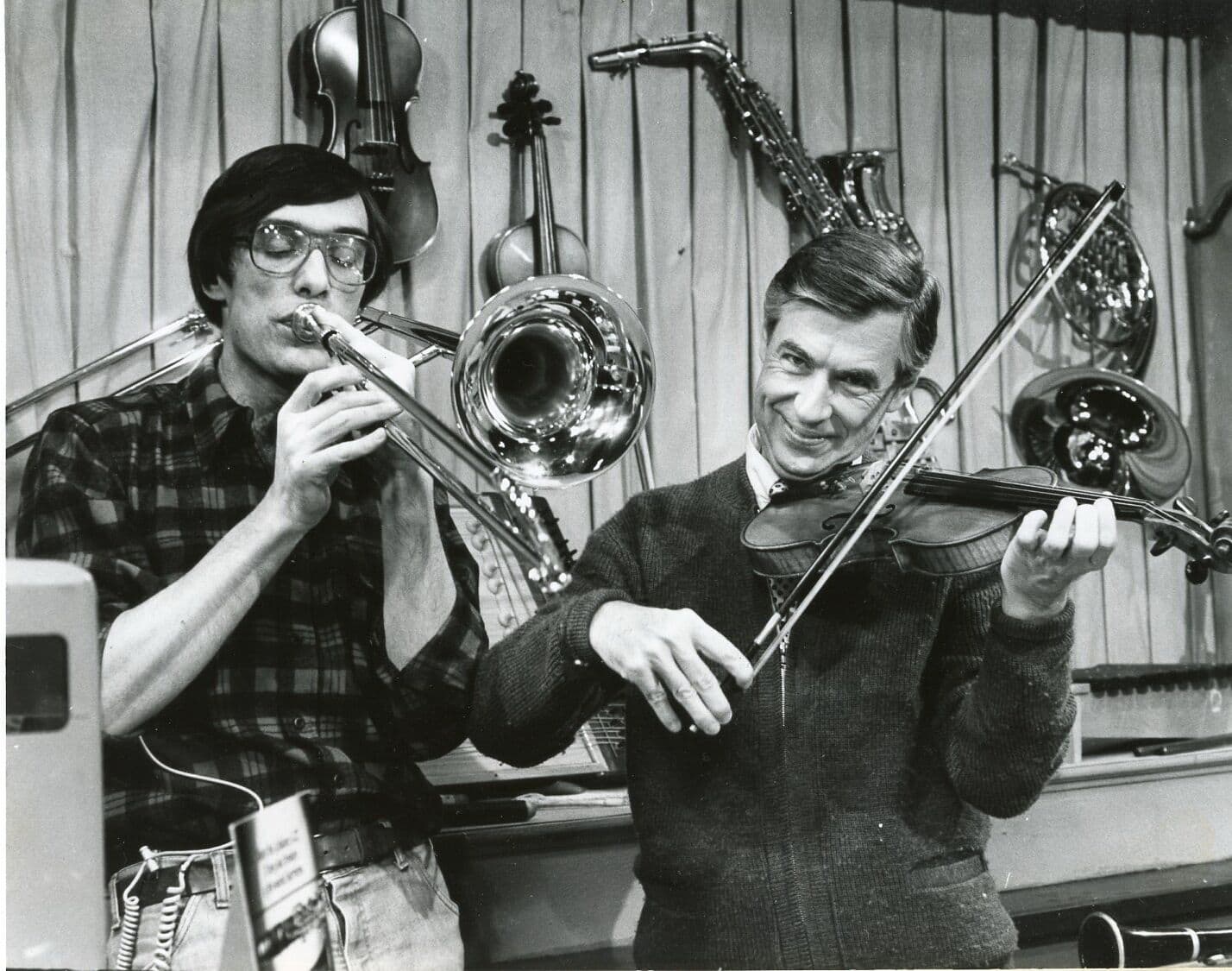 Paul Lally (left) and Fred Rogers play instruments on the set of &quot;Mister Rogers' Neighborhood.&quot; (Courtesy of Paul Lally)
