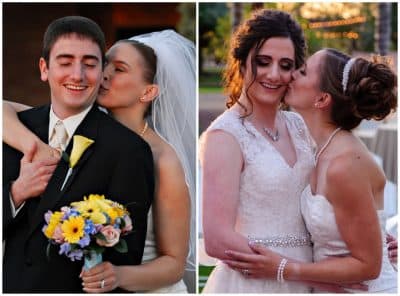 Samantha and Laura on their wedding day in 2006, left, and on their vow renewal day, right. (Courtesy photo)
