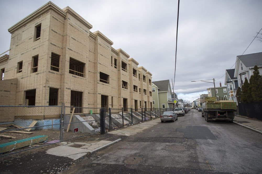 A new housing development being built on Edgewood Street in Dorchester. (Jesse Costa/WBUR)