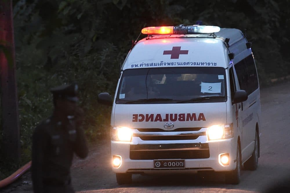 An ambulance exits from the Tham Luang cave area as rescue operations continue for those still trapped inside the cave in Khun Nam Nang Non Forest Park in Thailand on July 9, 2018. (Ye Aung Thu/AFP/Getty Images)