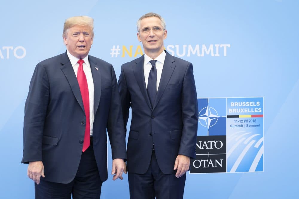 President Trump is welcomed by NATO Secretary General Jens Stoltenberg as he arrived for the NATO summit at the NATO headquarters in Brussels, on July 11, 2018. (Sébastien Pirlet/AFP/Getty Images)