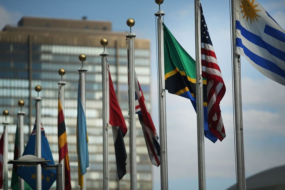 The American flag flies with other nations' flags outside the United Nations in New York City. (Spencer Platt/Getty Images)