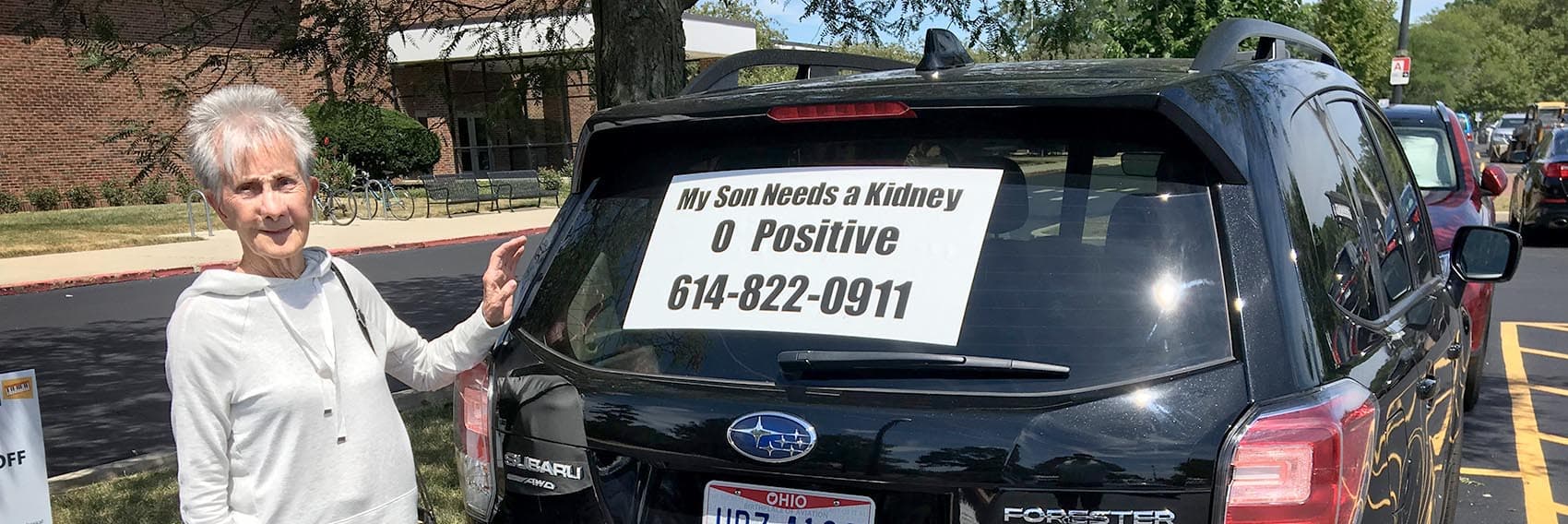 Norma Brickey, 82, has been driving the streets of Columbus, Ohio, with a sign in her car window: "My son needs a kidney, O positive," followed by her phone number. (Courtesy Eric French)