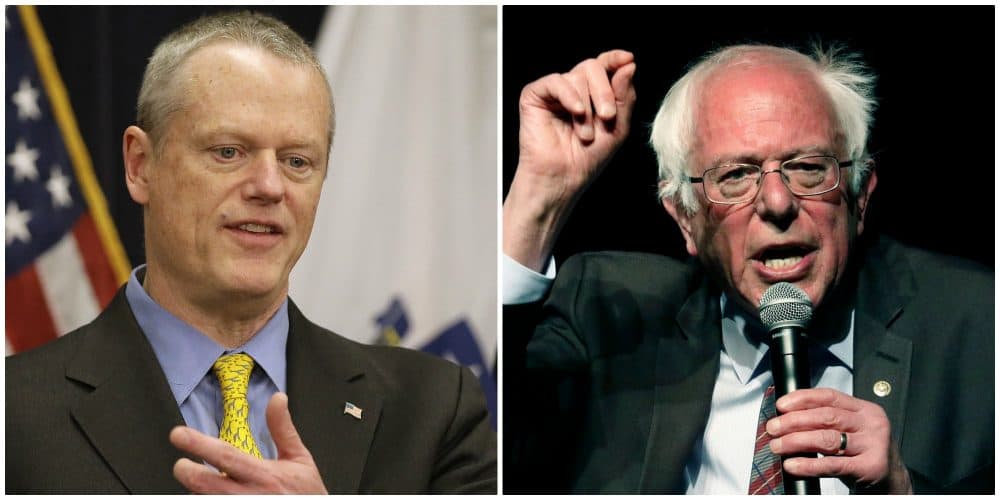 Massachusetts Gov. Charlie Baker and Vermont Sen. Bernie Sanders (AP photos)