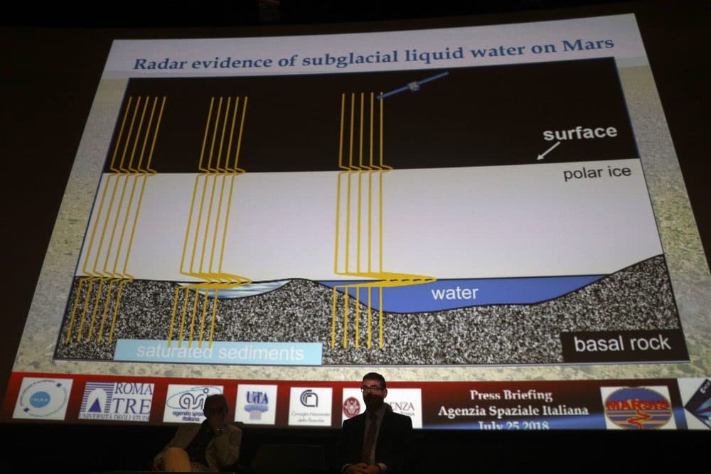 Italian astrophysicist Roberto Orosei speaks during a press conference at the Italian Space Agency headquarters in Rome, Wednesday, July 25, 2018. A huge buried lake of salty water appears to be hiding below the surface of Mars, raising the possibility of finding life on the red planet. (Gregorio Borgia/AP)