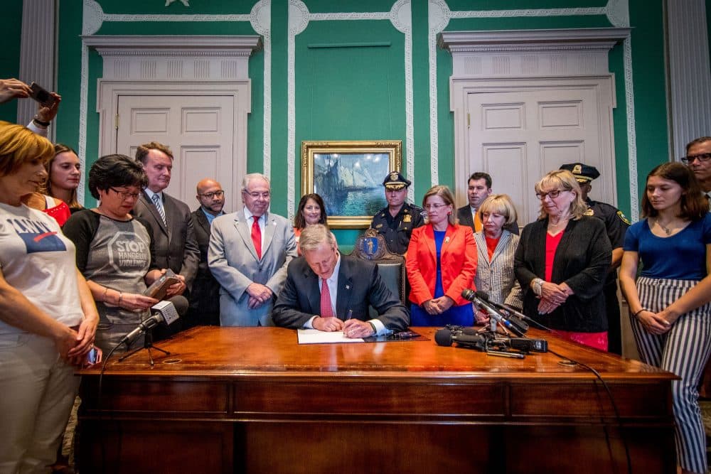 Gov. Charlie Baker signs the "red flag" bill Tuesday. (Courtesy of the governor's office)
