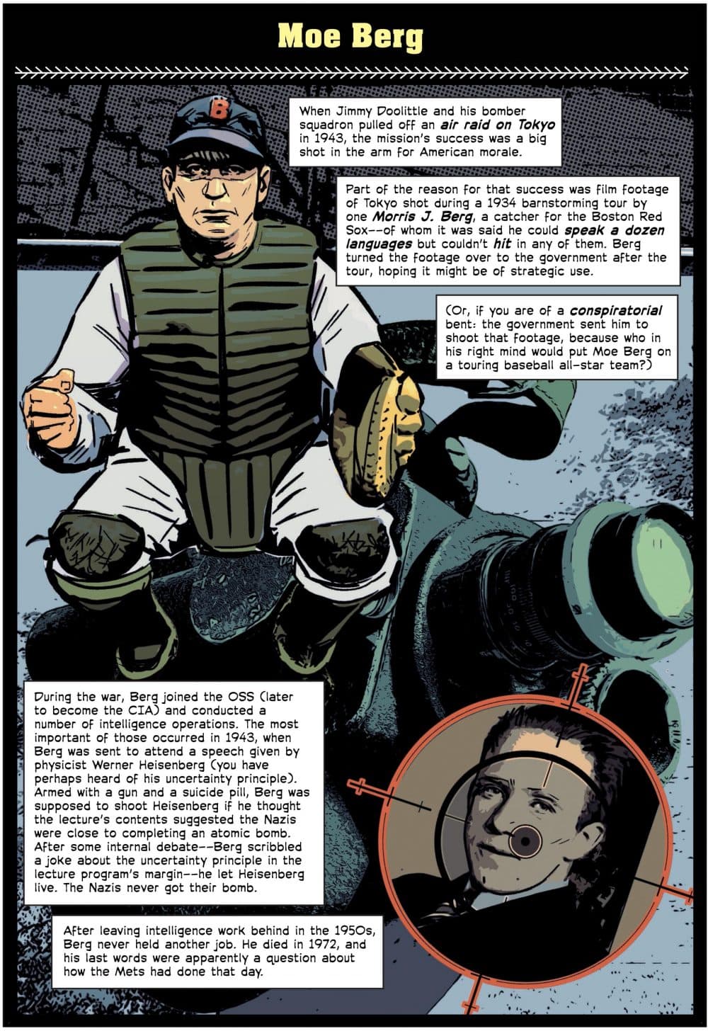 Moe Berg, a panel from "The Comic Book Story of Baseball" (Alex Irvine)