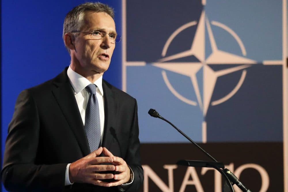 NATO Secretary General Jens Stoltenberg speaks during a media conference at NATO headquarters on the eve of a summit of the NATO heads of state and governments in Brussels on Tuesday, July 10, 2018. NATO leaders to discuss Russia, Iraq and their mission in Afghanistan.(AP Photo/Markus Schreiber)