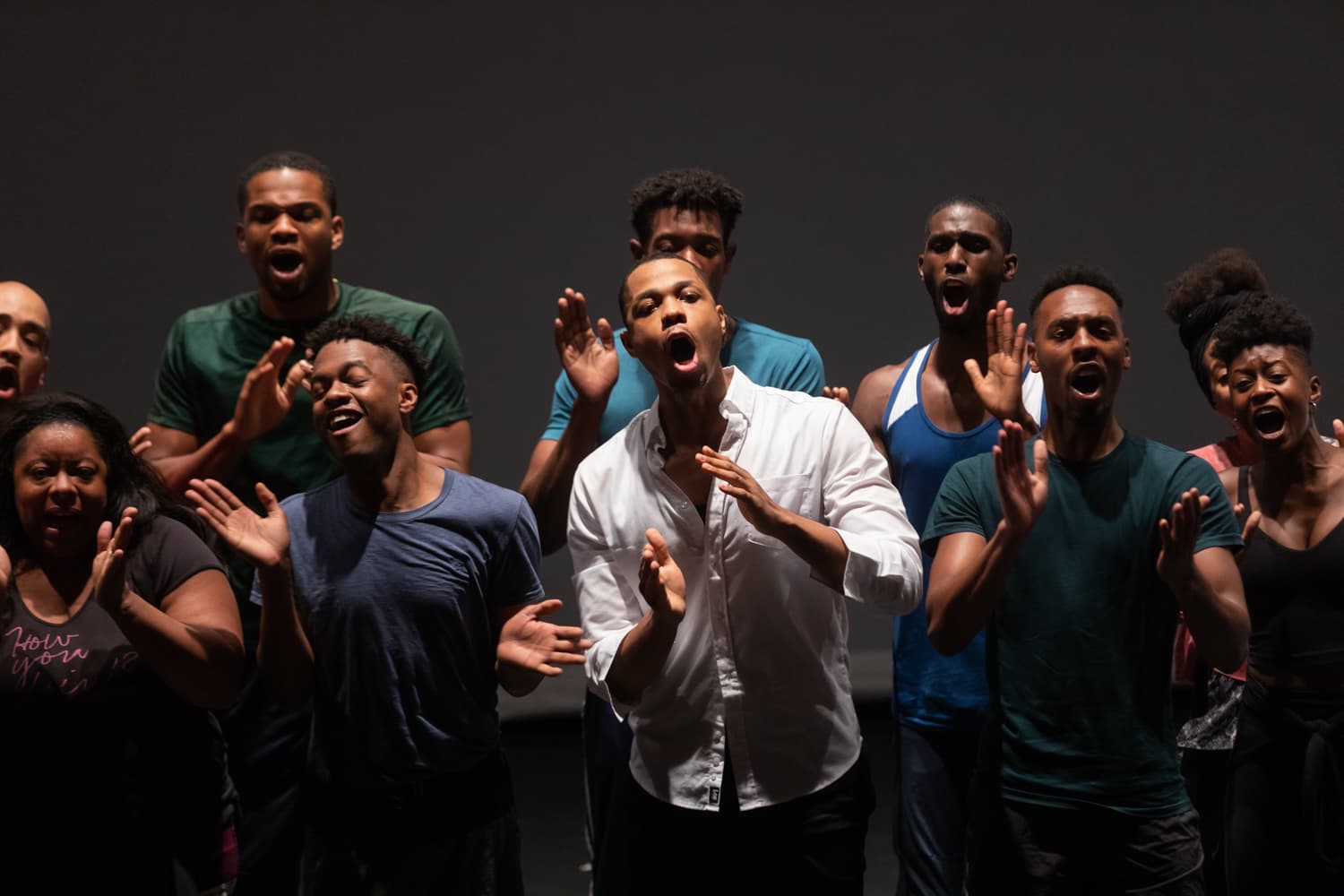 The cast of A.R.T.'s "Black Clown" in rehearsal. (Courtesy Maggie Hall/American Repertory Theater)