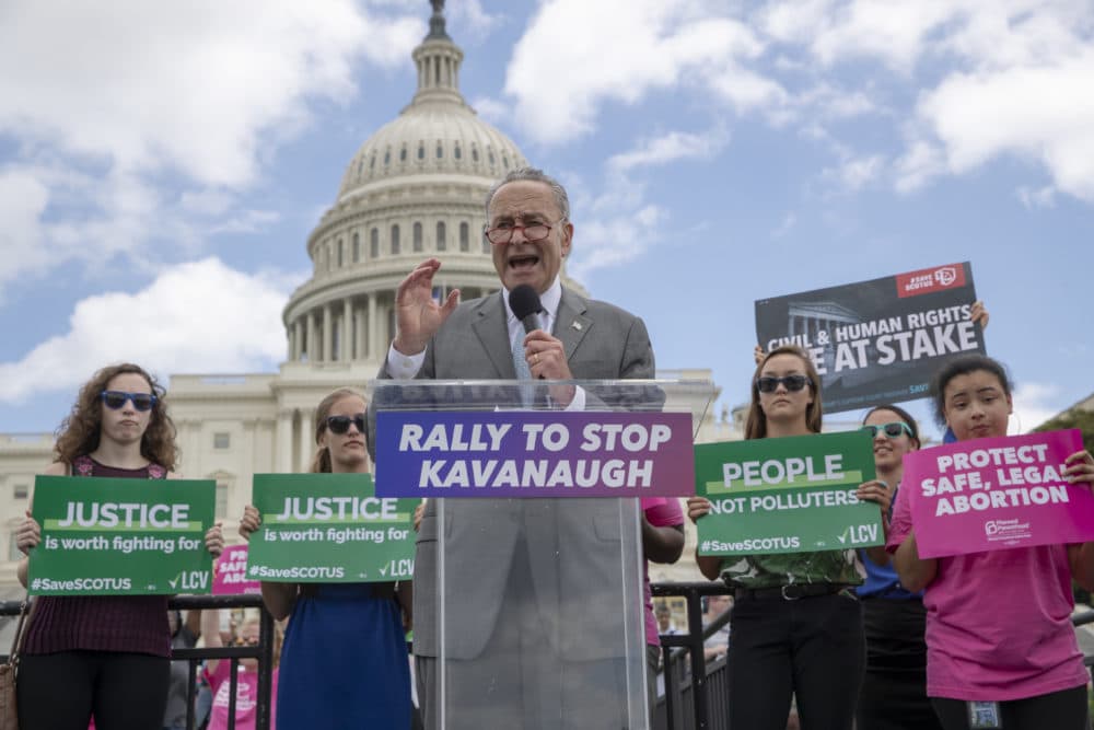 Senate Minority Leader Chuck Schumer, D-N.Y., joins protesters objecting to President Donald Trump's Supreme Court nominee Brett Kavanaugh, at a rally Capitol in Washington, Wednesday, Aug. 1, 2018. (AP Photo/J. Scott Applewhite)