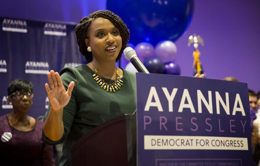 Ayanna Pressley makes addresses supporters celebrating her primary win. (Robin Lubbock/WBUR)