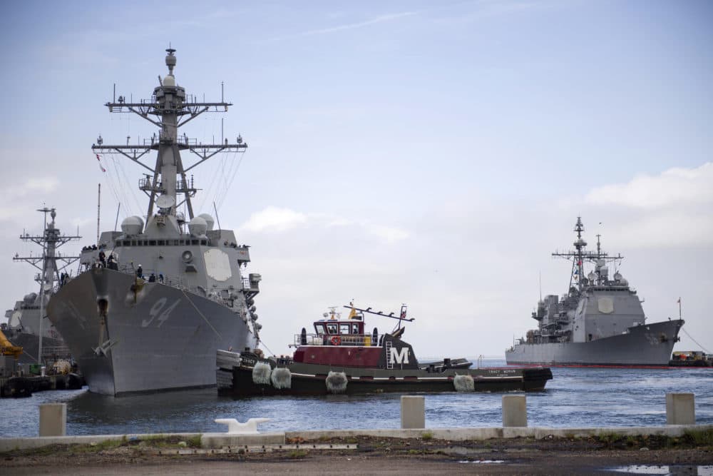 In this Monday, Sept. 10, 2018, photo released by the U.S. Navy, the guided-missile destroyer USS Nitze departs Naval Station Norfolk after the announcement of Hurricane Florence, in Norfolk, Va. (U.S. Navy photo by Mass Communication Specialist 2nd Class Justin Wolpert/U.S. Navy via AP)