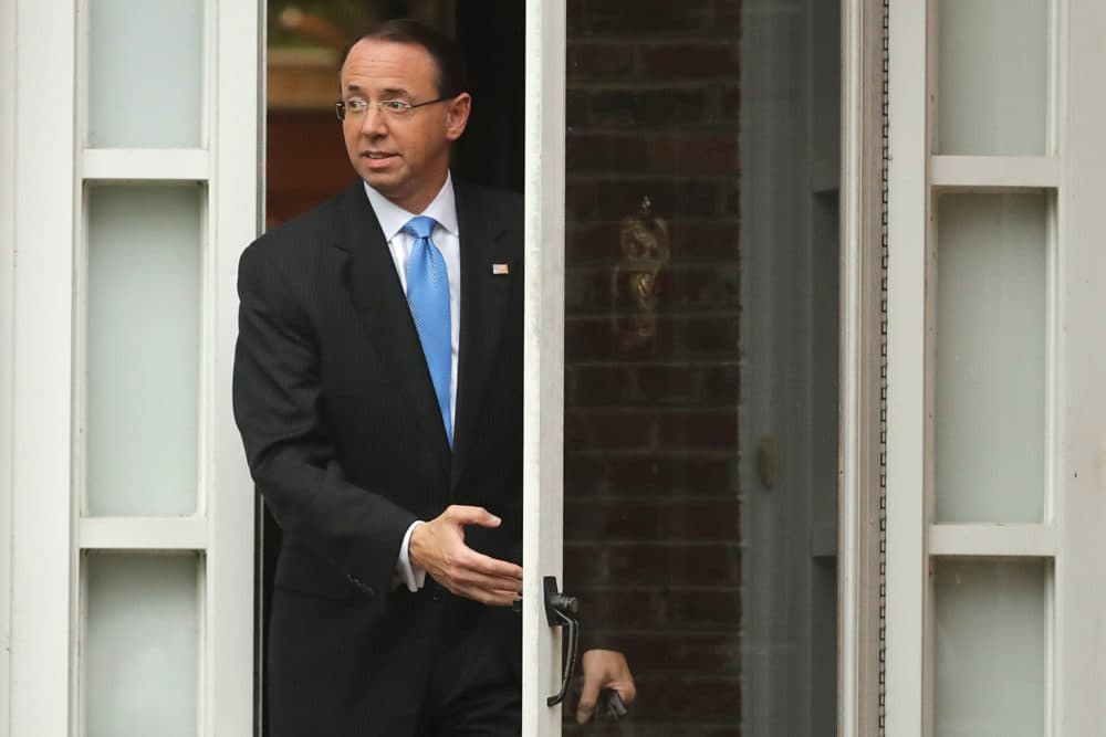 Deputy Attorney General Rod Rosenstein leaves his home on Sept. 25, 2018 in Bethesda, Md. Presuming his time at the Justice Department was in jeopardy, Rosenstein met Monday with White House chief of staff John Kelly but was told to stay on the job at least until Thursday when they will meet with President Trump. (Chip Somodevilla/Getty Images)