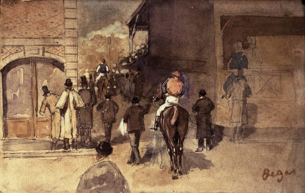 Edgar Degas' "La Sortie De Pesage," drawn in the 19th century. Watercolor and pencil on paper, 10.5 x 16 cm (4 1/8 x 6 5/16 in.) sheet. (Courtesy Isabella Stewart Gardner Museum)