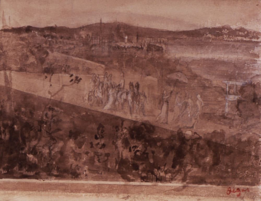 Edgar Degas' “Cortège Sur Une Route Aux Environs De Florence," drawn between 1857 and 1860. Pencil and sepia wash on paper, 15.6 x 20.6 cm (6 1/8 x 8 1/8 in.) sheet. (Courtesy Isabella Stewart Gardner Museum)