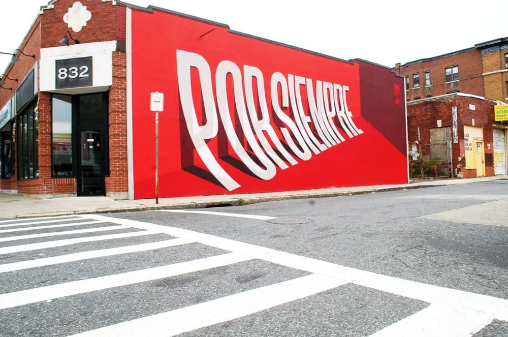 Artist Ben Johnston's "Por Siempre" mural in Worcester (Dana Forsythe for WBUR)