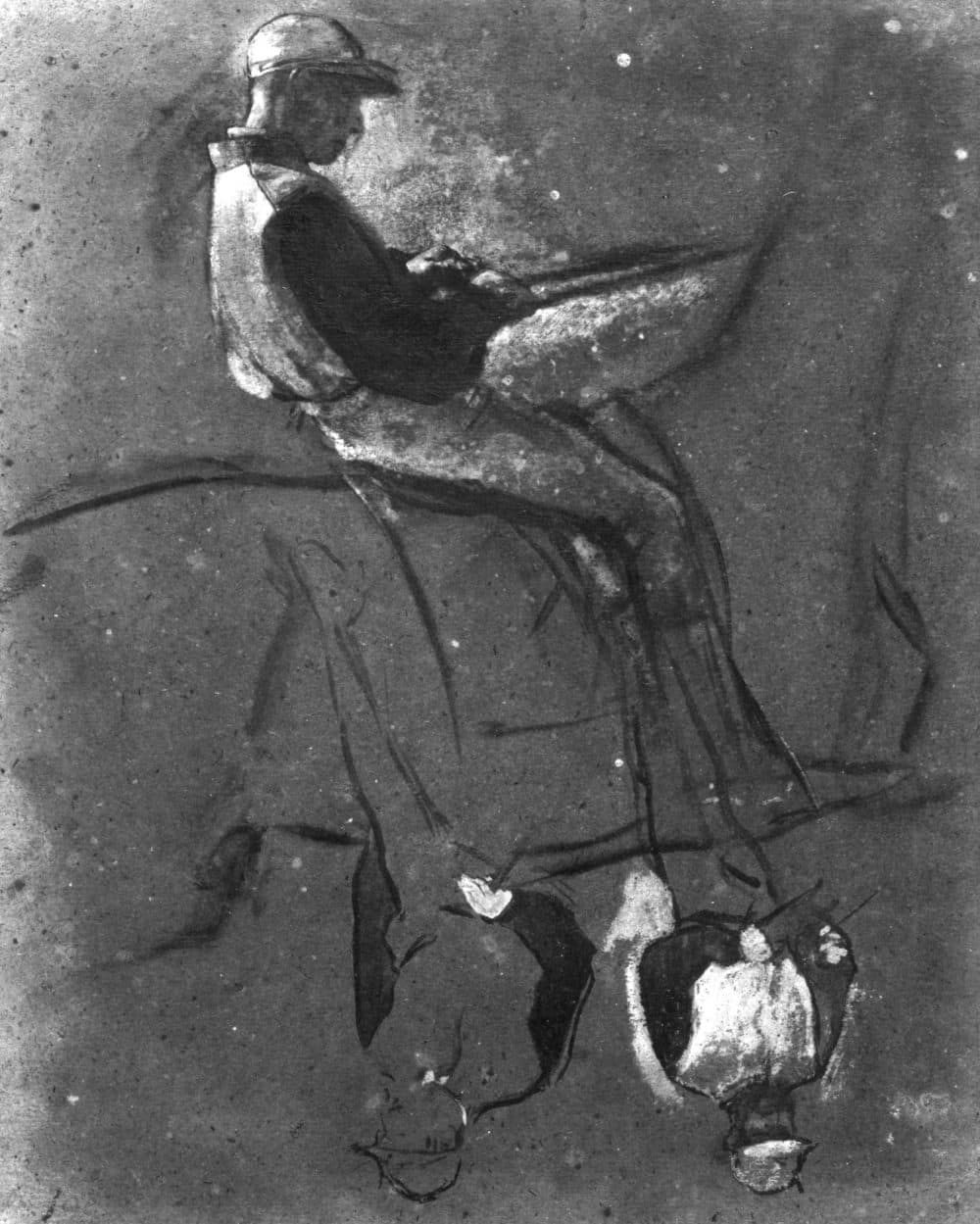 Edgar Degas' "Three Mounted Jockeys," drawn between 1885 and 1888. Black ink, white, flesh and rose washes, oil pigments on brown paper, 30.5 x 24 cm (12 x 9 7/16 in.) sheet. (Courtesy Isabella Stewart Gardner Museum)