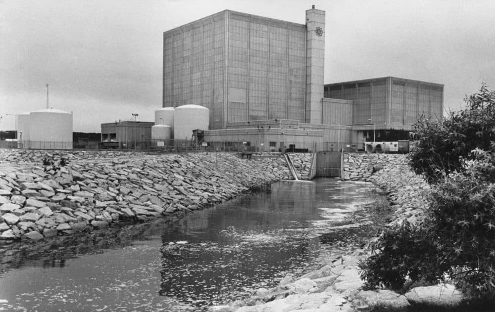This July 12, 1979 file photo shows the Pilgrim nuclear power plant in Plymouth, Massachusetts. Federal regulators are reviewing plans by the owner of the plant to sell the facility after it stops producing power next year. (AP Photo/Tannen Maury)