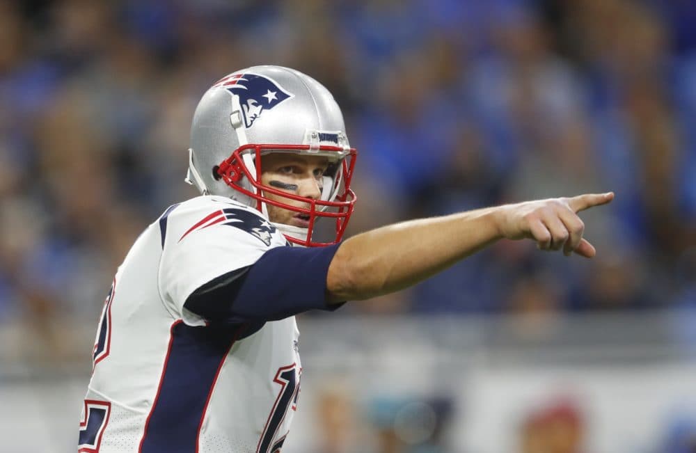 New England Patriots quarterback Tom Brady points during the second half of an NFL football game against the Detroit Lions, Sunday, Sept. 23, 2018, in Detroit. (Paul Sancya/AP)