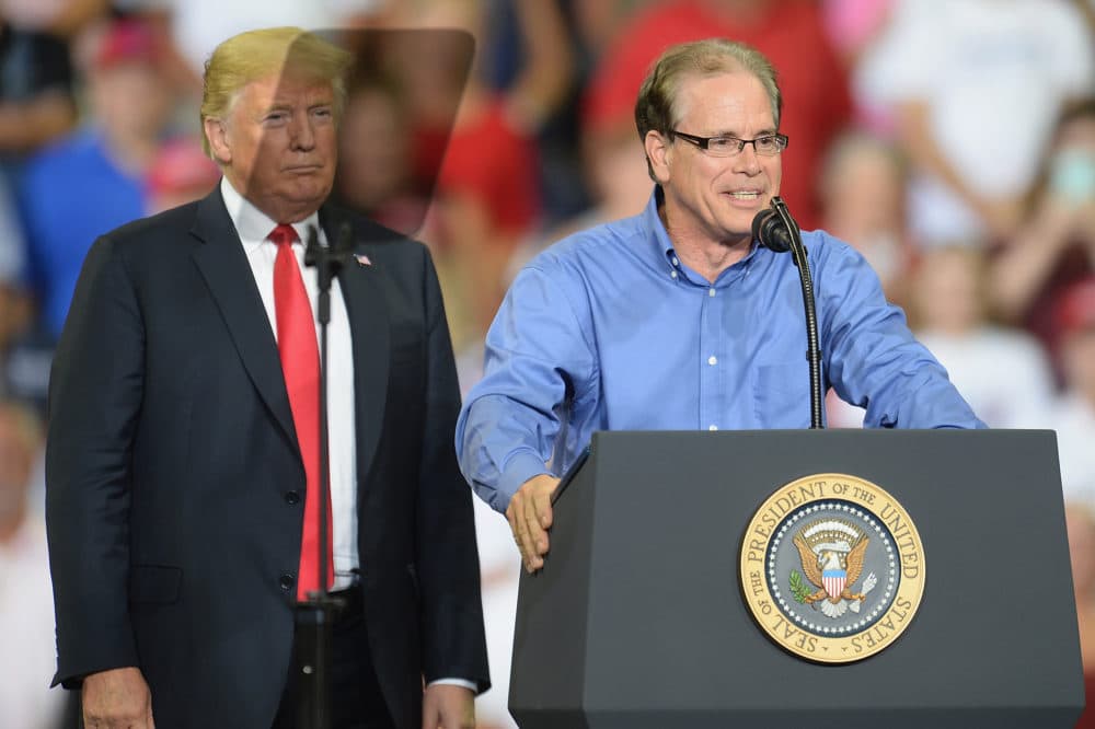 Republican Senate candidate Mike Braun speaks at rally attended by President Trump at the Ford Center on Aug. 30, 2018 in Evansville, Indiana. The president was in town to support Braun, who is facing Sen. Joe Donnelly (D-Ind.) in November. (Michael B. Thomas/Getty Images)
