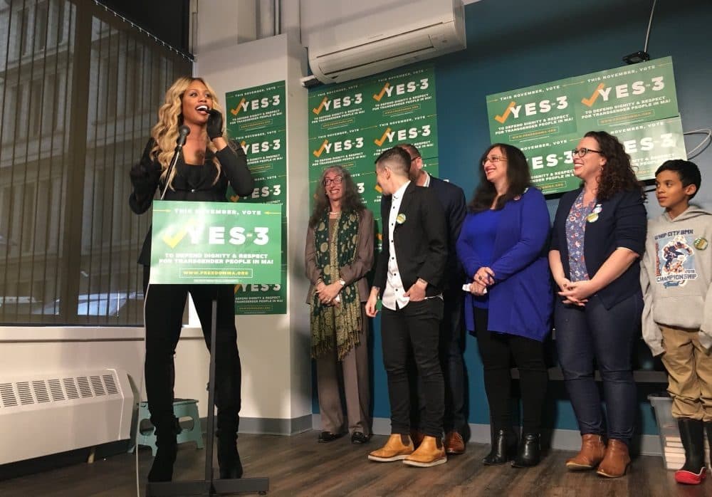 Speaking at a Yes on 3 event in downtown Boston Wednesday, actress Laverne Cox offered a message to transgender people, telling them, "We are each here for a divine purpose." (Katie Lannan/SHNS)