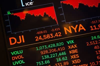 Numbers are displayed at the closing bell of the Dow Joes Industrial Average at the New York Stock Exchange on Oct. 24, 2018 in New York. U.S. stocks finished a punishing session sharply lower Wednesday. (Bryan R. Smith/AFP/Getty Images)
