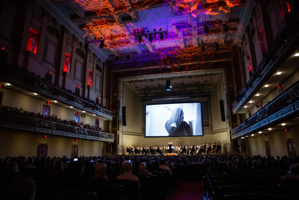 Keith Lockhart leads the Boston Pops in "Psycho" with film at Symphony Hall on Monday. The musicians are performing it again on Halloween. (Courtesy Aram Boghosian)