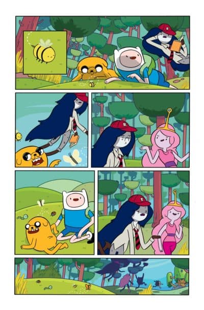 Jake the Dog, Finn the Human, Marceline the Vampire Queen and Princess Bubblegum in an "Adventure Time" in an inside page from Adventure Time #35, illustrated by Braden Lamb and Shelli Paroline. (Courtesy)
