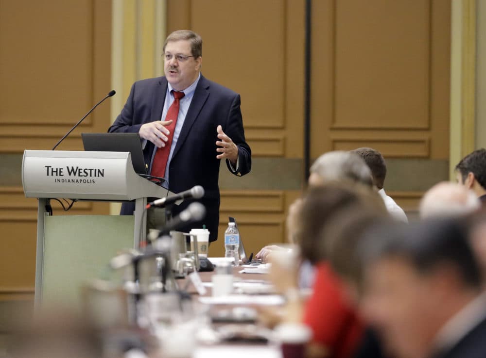 Vermont Secretary of State Jim Condos speaks during a voter registration meeting at the National Association of Secretaries of State conference Saturday, July 8, 2017, in Indianapolis. (AP Photo/Darron Cummings)