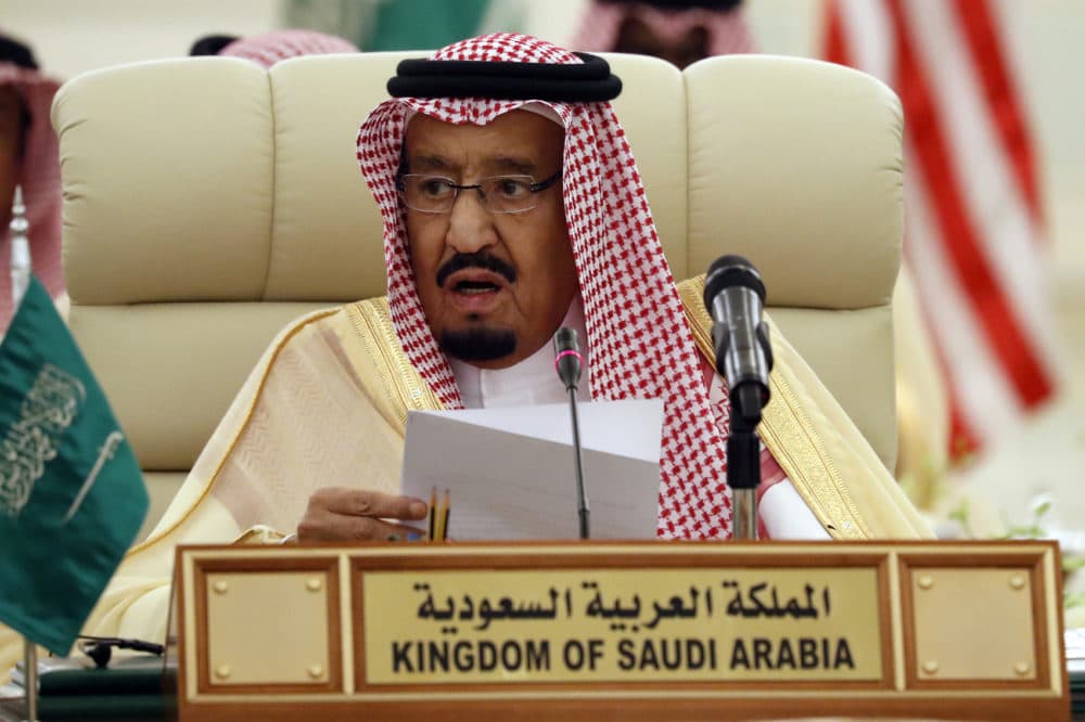 FILE - In this Sunday, Oct. 22, 2017 file photo, Saudi King Salman speaks during a meeting of the Saudi-Iraqi Bilateral Coordination Council with Secretary of State Rex Tillerson and Iraqi Prime Minister Haider al-Abadi, in Riyadh, Saudi Arabia. (AP Photo/Alex Brandon, Pool, File)