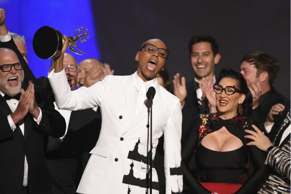 RuPaul Charles, front center, and the team from "RuPaul's Drag Race" accept the award for outstanding reality/competition program at the 70th Primetime Emmy Awards on Monday, Sept. 17, 2018, at the Microsoft Theater in Los Angeles. (Photo by Phil McCarten/Invision for the Television Academy/AP Images)