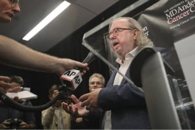 James Allison, one of the 2018 Nobel Prize winners for medicine, speaks to members of the media Monday, Oct. 1, 2018, in New York. Allison and Tasuku Honjo won the Nobel Prize in medicine on Monday for discoveries that help the body marshal its cellular troops to attack invading cancers. (AP Photo/Bebeto Matthews)