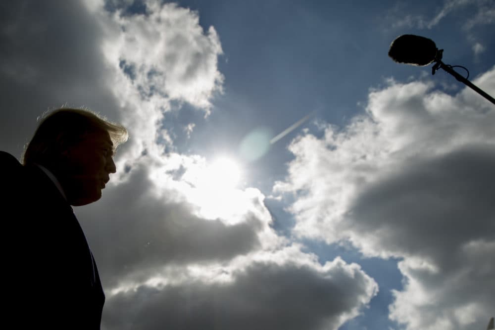 President Trump speaks to reporters about a shooting at a Pittsburgh synagogue at Indianapolis International Airport on Saturday, Oct. 27, 2018. (Andrew Harnik/AP)