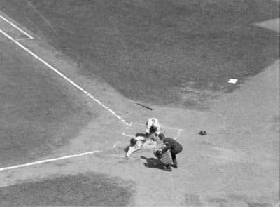 A play at home during a Red Sox-Yankees game at Fenway Park on July 3, 1932 -- the first-ever Sunday game at Fenway. (Courtesy of the Boston Public Library, Leslie Jones Collection)