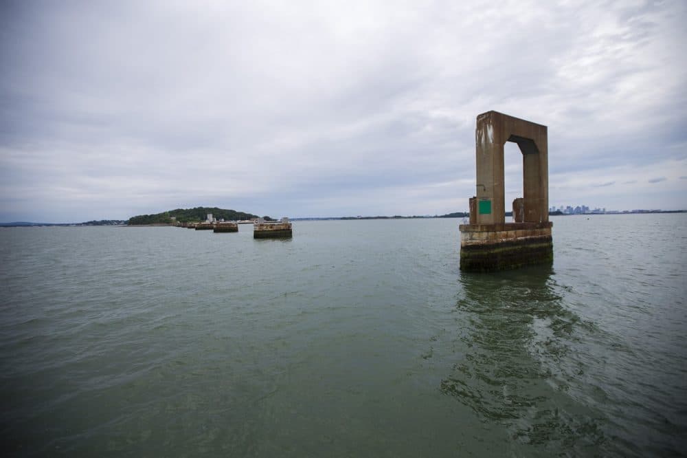 The remnants of Long Island Bridge, in August 2017 (Jesse Costa/WBUR)