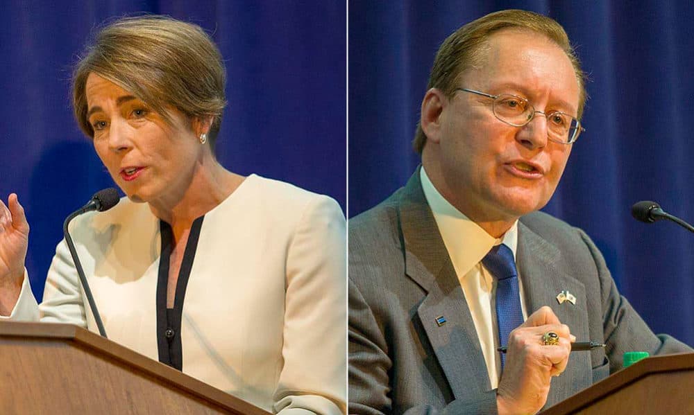 Democratic Attorney General Maura Healey and Republican challenger Jay McMahon (Robin Lubbock/WBUR)