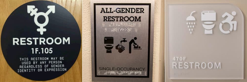 Bathroom signs from Tufts Health Plan, left, the American Repertory Theater, center, and UMass Boston (Courtesy of Tufts and Jesse Costa/WBUR)