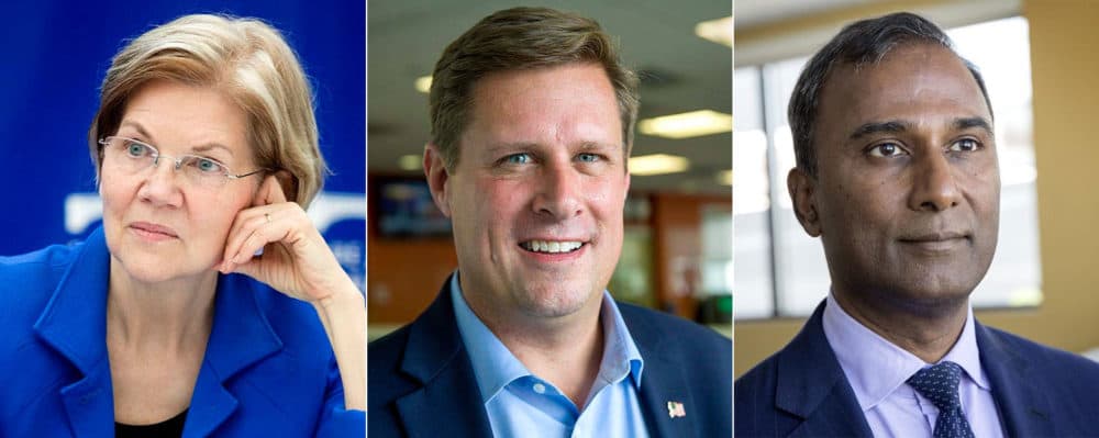 Democratic Sen. Elizabeth Warren, Republican Geoff Diehl, center, and independent Shiva Ayyadurai (WBUR)