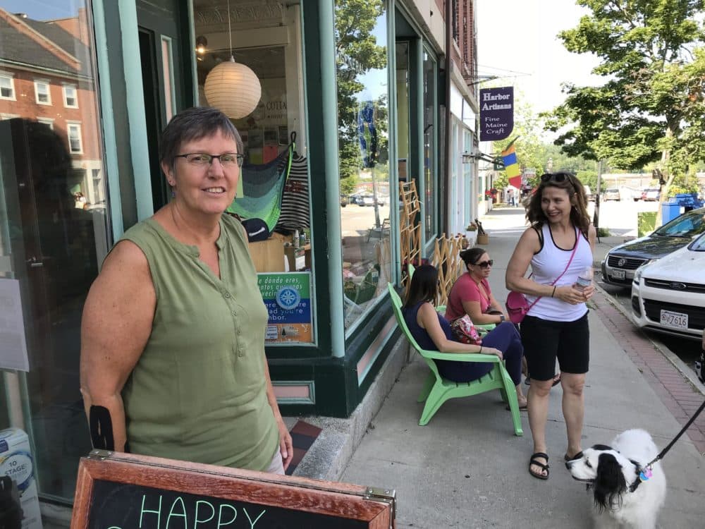 Ellie Daniels, left, owner of the Green Store in downtown Belfast, says a proposed indoor salmon farm is out of scale for the city, where residents focus on the arts, tourism and sustainable agriculture. (Fred Bever/Maine Public Radio)