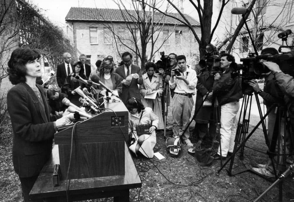 The Gardner Museum's Anne Hawley answers questions at a news conference in the museum's garden area about the robbery of 13 pieces of art on March 19, 1990. (Tom Landers/BostonGlobe)