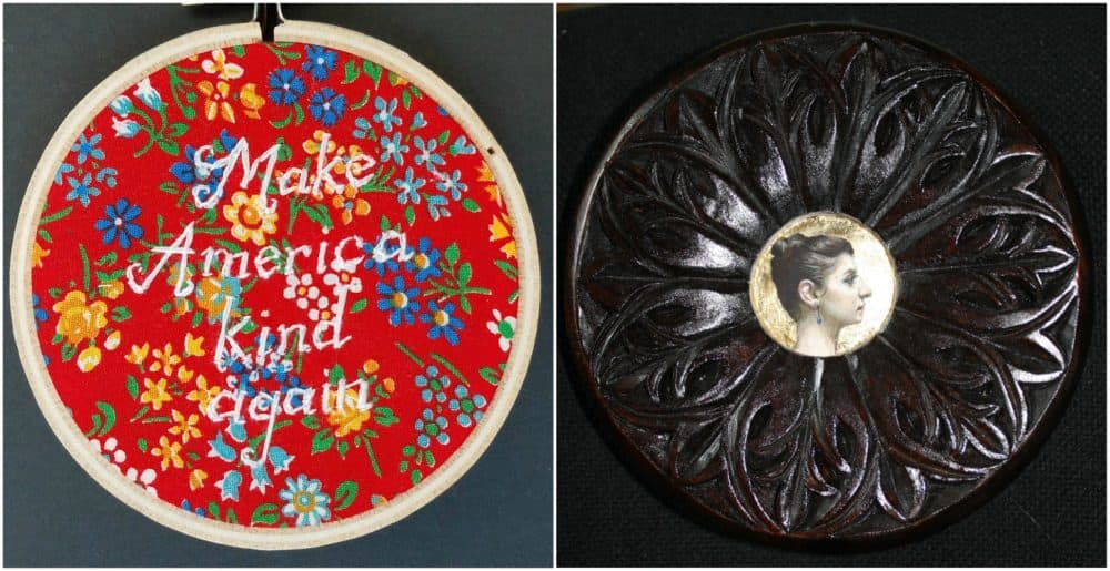 Elizabeth Menges' embroidery titled "Kind" and carving titled "Magda." (Courtesy of the artist)